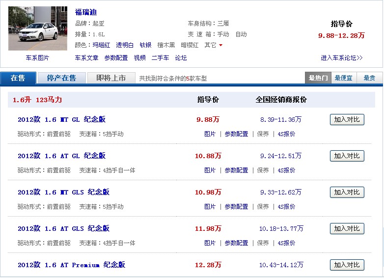 福瑞迪汽车厂方报价